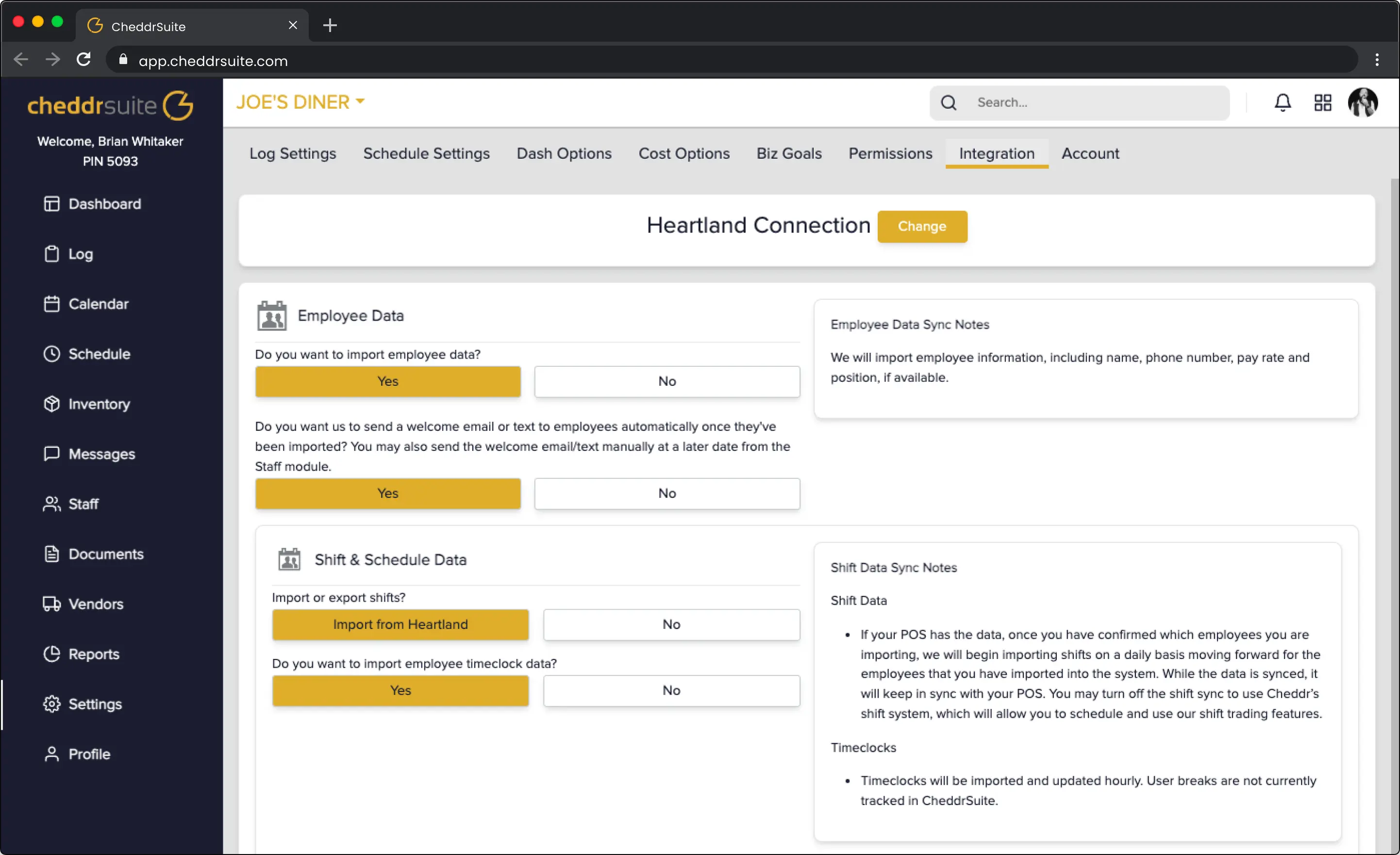 CheddrSuite inventory management screen showing SKU list and vendor details for restaurant items