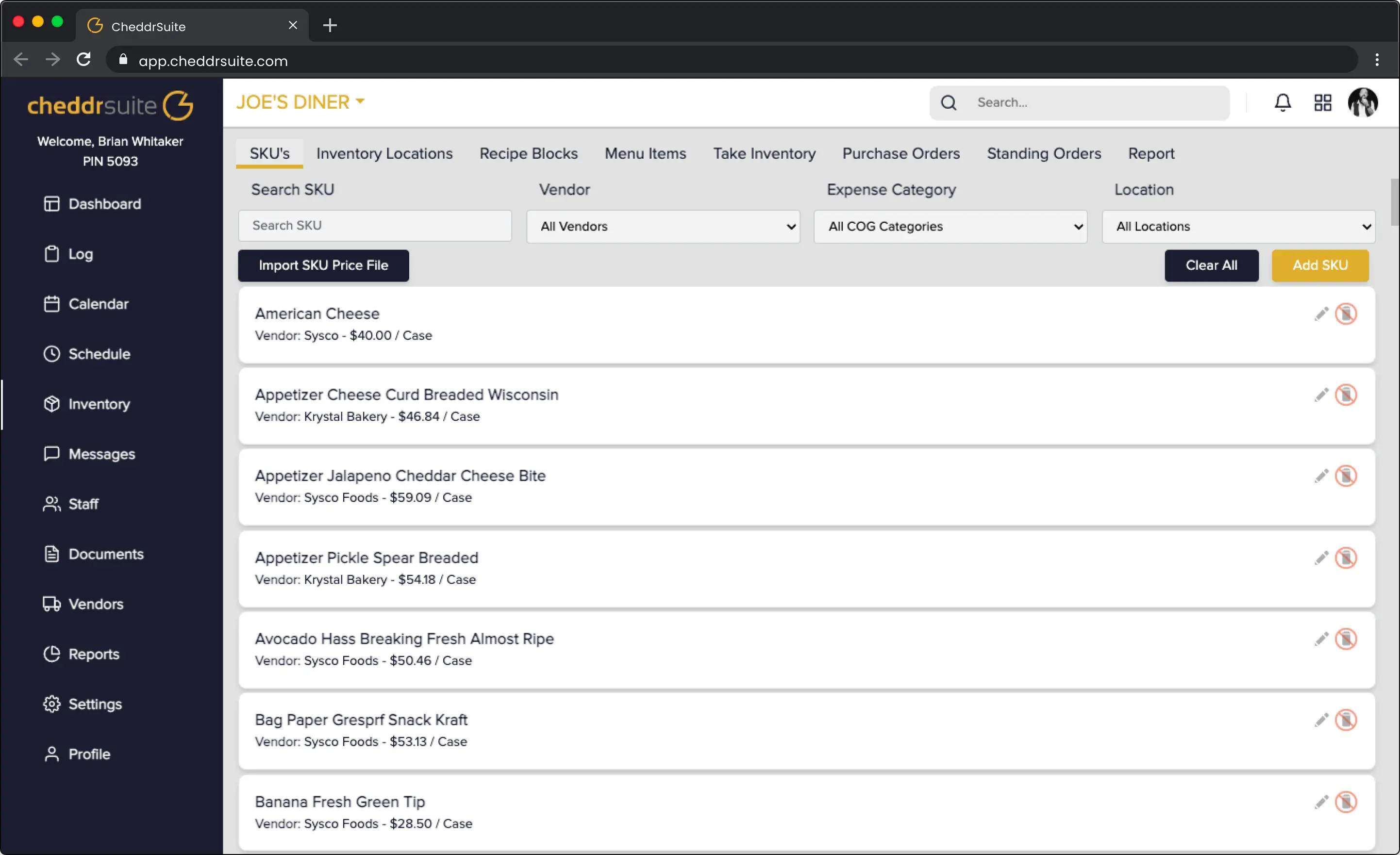 CheddrSuite inventory management screen showing SKU list and vendor details for restaurant items